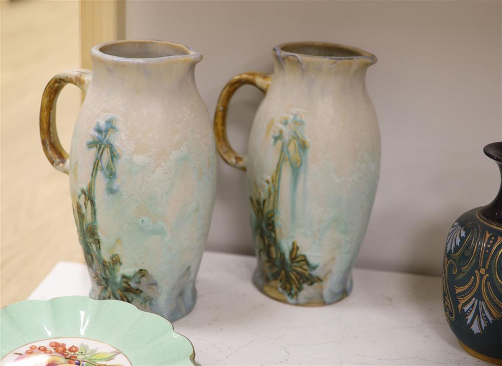 A quantity of mixed ceramics to include three Shelley fruit plates, a Whieldon ware bed pan, a pair of ewers and a vase